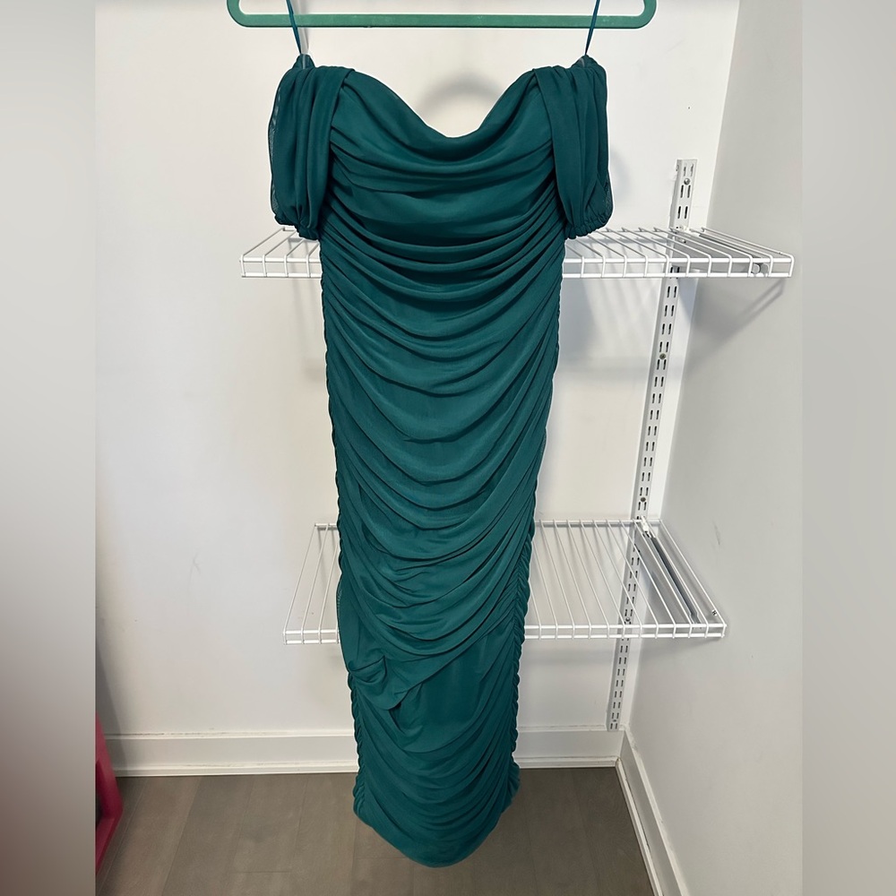 MABLE teal ruched off the shoulder midi dress